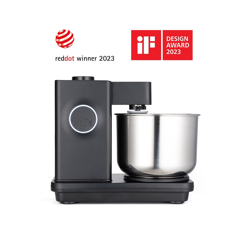 Schwarze Küchenmaschine auf weissem Hintergrund und 2 Logos